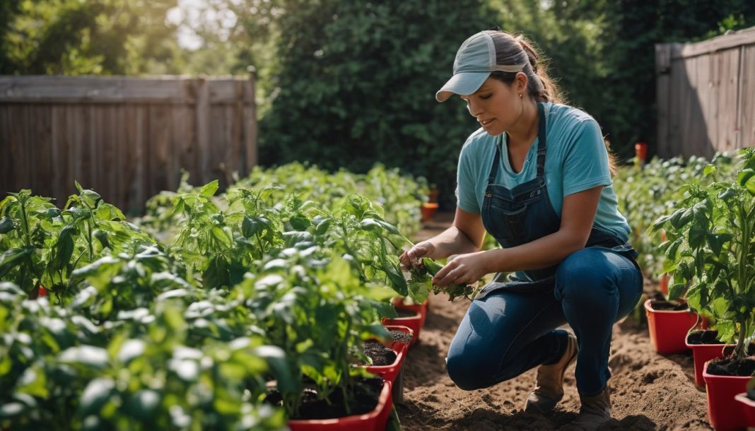 A woman kneeling down in a garden with plants in pots. A woman kneeling down in a garden with plants in pots.